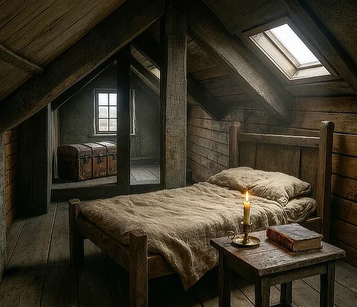An imagined image of the garrets with Joseph's bed and nearby Bible